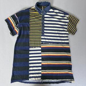 Free People Patchwork Stripe Polo Shirt Navy Yellow Short Sleeve Size S